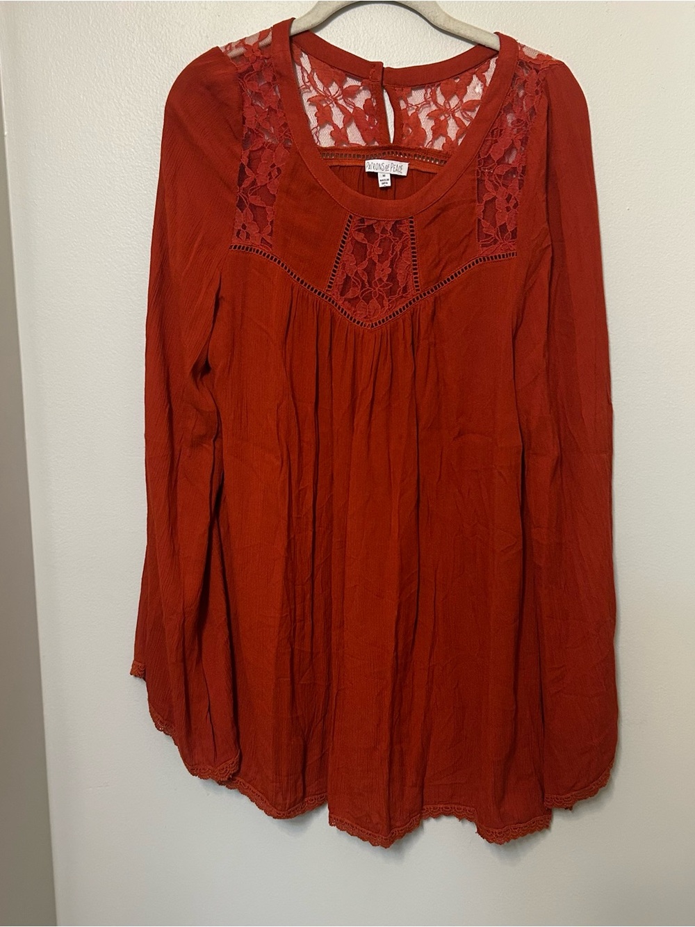 Patrons Of Peace Boho Rust Long Slv Crochet Trim Top Womens Sz M Boho Peasant